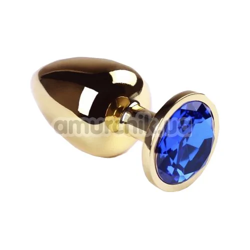 Анальная пробка с синим кристаллом SWAROVSKI Gold Sapphire Big, золотая