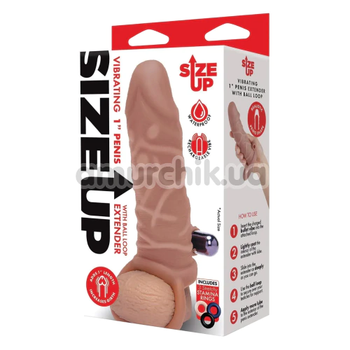 Насадка на пенис с вибрацией Size Up Vibrating 1 Inch Penis Extender With Ball Loop, телесная