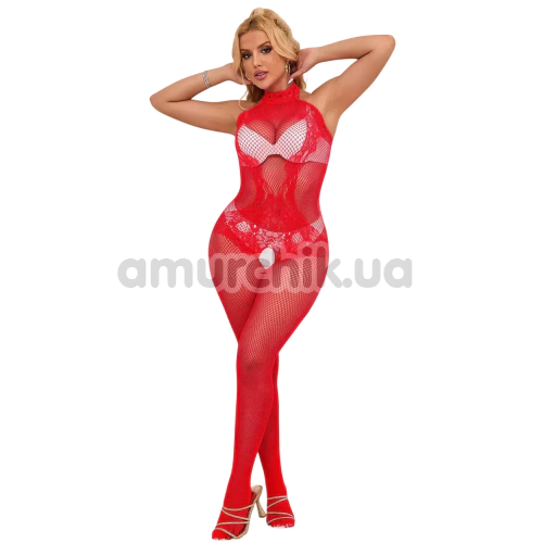 Комбінезон Star Night Rose Lace and Fishnet Turtleneck Bodystocking, червоний - Фото №1