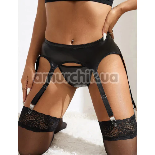 Комплект Star Night Faux Leather Set, черный: трусики-стринги + пояс для чулок