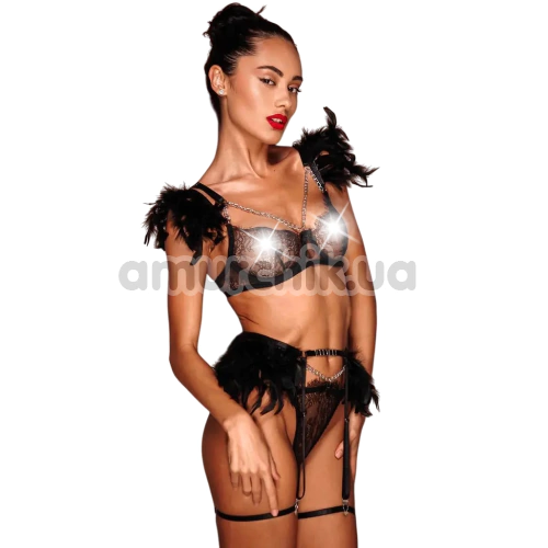 Комплект Star Night Sensual Feather & Chains, черный: бюстгальтер + трусики-стринги + пояс для чулок + гартеры