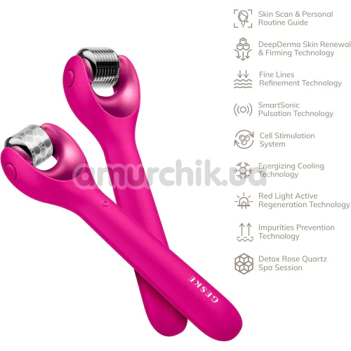 Массажер-роллер для лица с микроиглами Geske MicroNeedle Face Roller 9 in 1, ярко-розовый