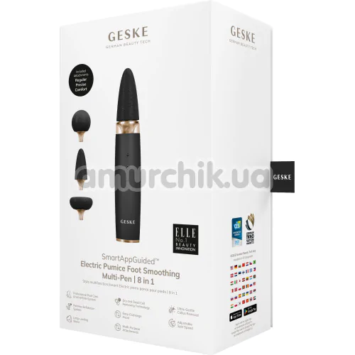 Шлифовальная пилка для стоп с насадками Geske Electric Pumice Foot Smoothing Multi-Pen 8 in 1, черно-золотая