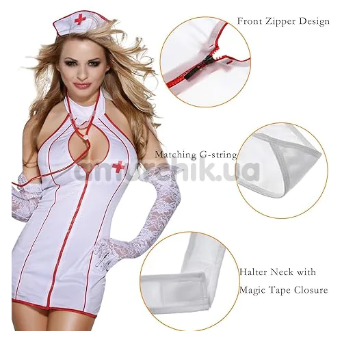 Костюм медсестры Sunspice 81330, белый: платье + трусики-стринги + головной убор