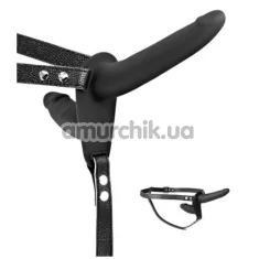 Двойной страпон с вибрацией Fetish Tentation Vibrating Strap-On With Double Dildo, черный - Фото №1