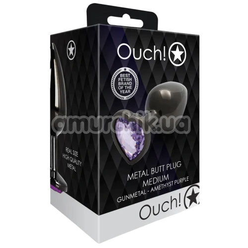 Анальна пробка з фіолетовим кристалом Ouch! Heart Metal Butt Plug Medium, чорна
