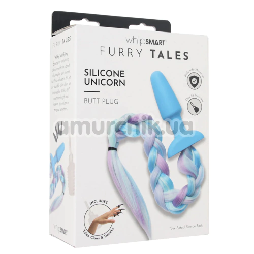 Анальна пробка з блакитним хвостом Whipsmart Furry Tales Silicone Unicorn Butt Plug, блакитна