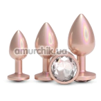 Набір анальних пробок з прозорим кристалом Rear Assets 3pc Metal Plug Kit Matte, рожево-золотий - Фото №1