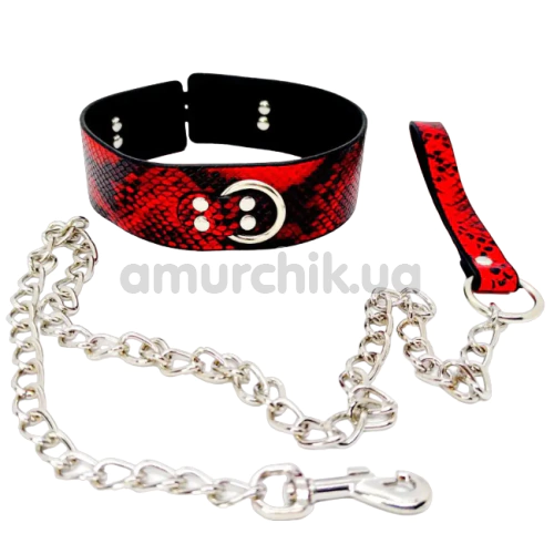 Ошейник с поводком DS Fetish Collar With Snake Skin, красно-черный