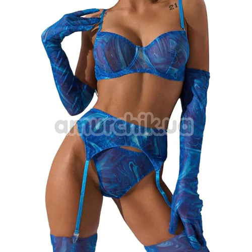 Комплект Star Night Mesh Printed Sexy Bra Set, синий: бюстгальтер + трусики-стринги + пояс для чулок + чулки + перчатки