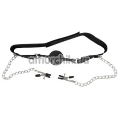 Кляп с зажимами для сосков Bad Kitty Naughty Toys Gag with Nipple Clamps, черный - Фото №1