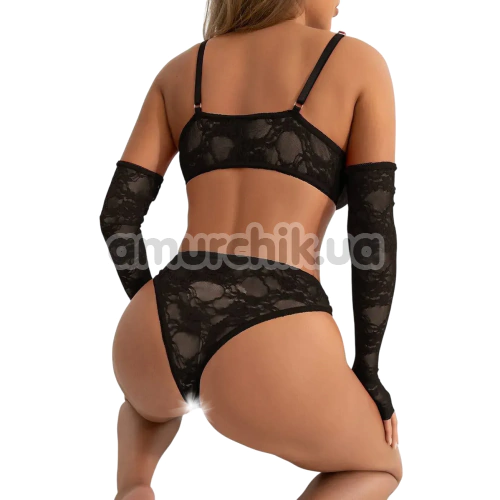 Комплект Star Night Lace Lingerie With Long Gloves, черный: бюстгальтер + трусики + перчатки