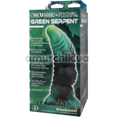 Фалоімітатор Doc Johnson Vac-U-Lock х Fantasy Fuckers Green Serpent, чорно-зелений