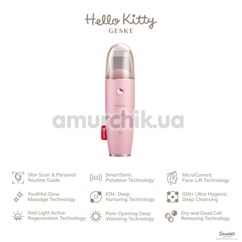 Микротоковый скрабер для кожи лица Geske MicroCurrent Skin Scrubber & Blackhead Remover 9 in 1 - Hello Kitty, розовый