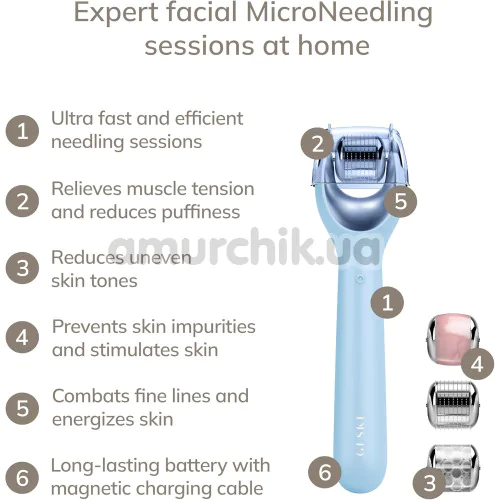 Массажер-роллер для лица с микроиглами Geske MicroNeedle Face Roller 9 in 1, голубой