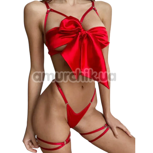 Комплект Star Night Openable Bow Sexy Bra Set, красный: бюстгальтер + трусики-стринги + гартеры