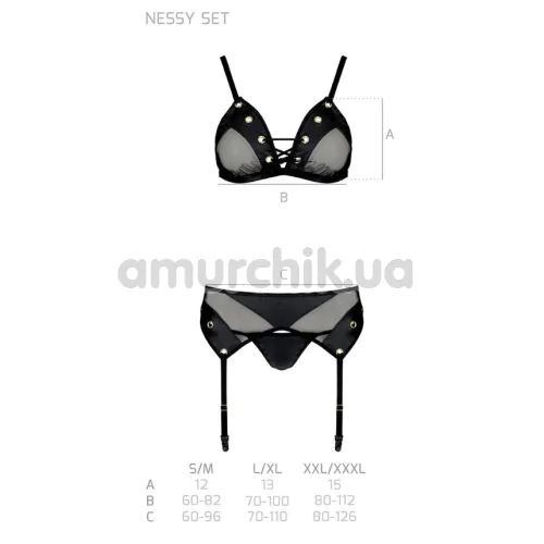 Комплект Passion Free Your Senses Nessy Set, чорний: бюстгальтер + трусики + пояс для панчіх