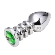 Анальна пробка з зеленим кристалом SWAROVSKI Пікантні Штучки ребриста, срібна - Фото №1