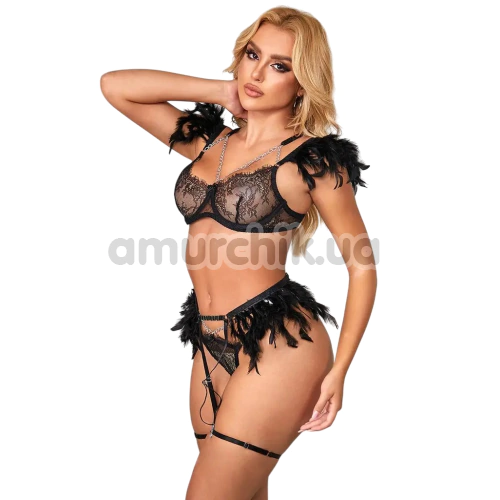 Комплект Star Night Sensual Feather & Chains, черный: бюстгальтер + трусики-стринги + пояс для чулок + гартеры
