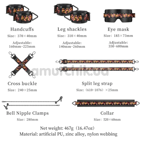 Бондажний набір Lockink Sevanda The Flowering Serpent Leather Bondage Restraint Set 7PC, чорний