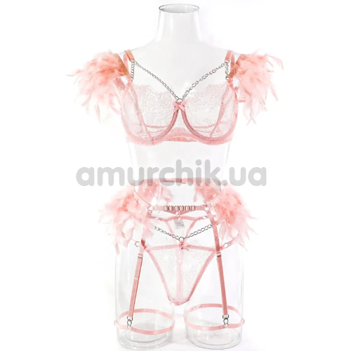 Комплект Star Night Sensual Feather & Chains, розовый: бюстгальтер + трусики-стринги + пояс для чулок + гартеры