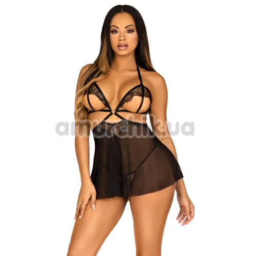 Комплект Leg Avenue Love Language Open Cup Babydoll, черный: пеньюар + трусики-стринги