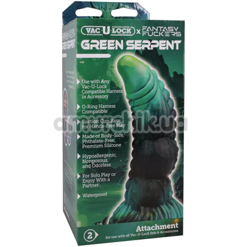 Фалоімітатор Doc Johnson Vac-U-Lock х Fantasy Fuckers Green Serpent, чорно-зелений