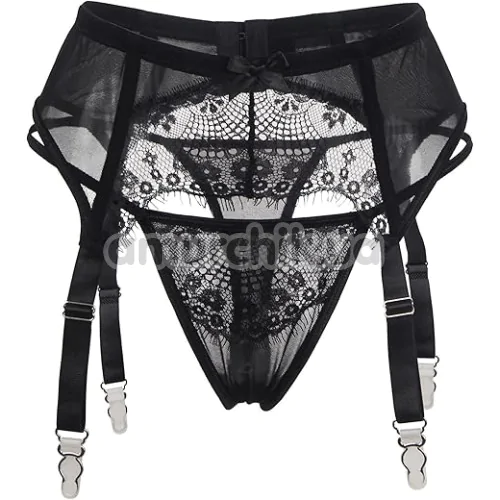 Комплект Star Night Sexy Eyelash Lace Set, черный: трусики-стринги + пояс для чулок