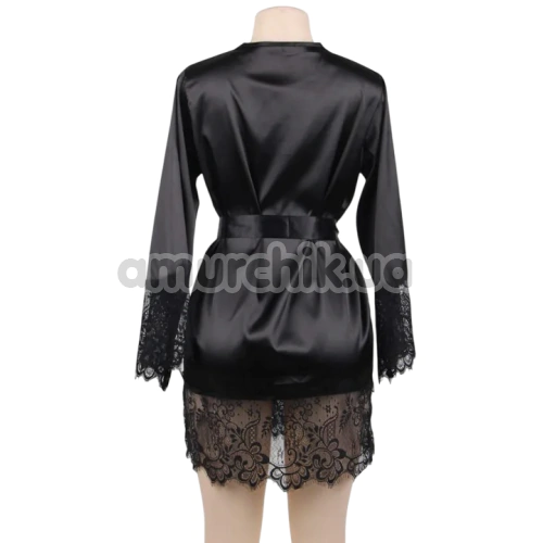 Комплект Star Night Satin Silk Erotic Nightgown, чорний: халатик + трусики-стрінги