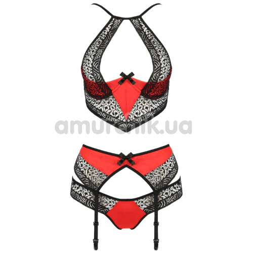 Комплект Passion Free Your Senses Scarlet Set, червоно-чорний: бюстгальтер-топ + трусики-стрінги + пояс для панчіх