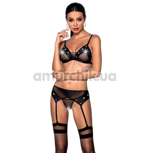 Комплект Passion Free Your Senses Nessy Set, чорний: бюстгальтер + трусики + пояс для панчіх - Фото №1