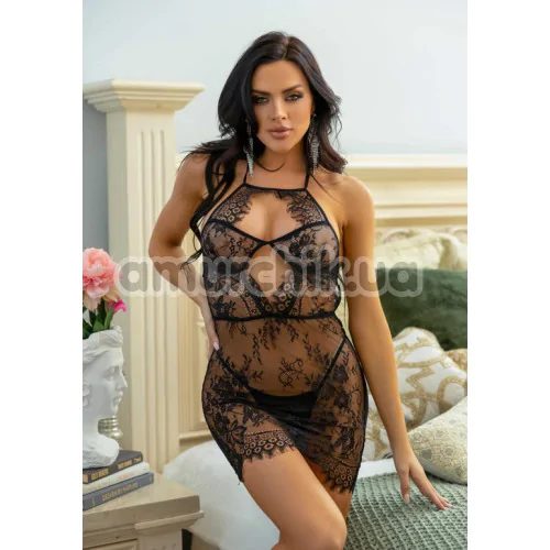 Комплект Leg Avenue Dress With Scalloped Lace And String, чорний: пеньюар + трусики-стрінги
