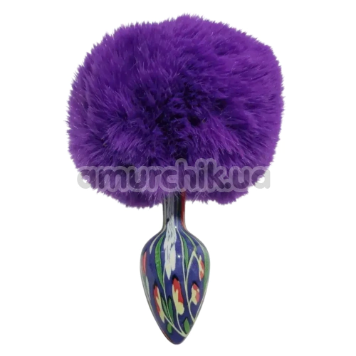 Анальна пробка з фіолетовим хвостиком Alume Floral Metal Plug With Tail S, синя - Фото №1