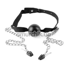 Кляп с зажимами для сосков Fetish Fantasy Series Ball Gag & Nipple Clamps, черный - Фото №1