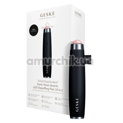 Ультразвуковая ручка-массажер для лица Geske Sonic Rose Quartz LED Depuffing Pen 8 in 1, черная
