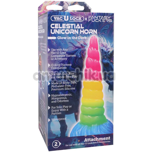 Фалоімітатор Doc Johnson Vac-U-Lock x Fantasy Fuckers Celestial Unicorn Horn - світиться в темряві, мультикольоровий
