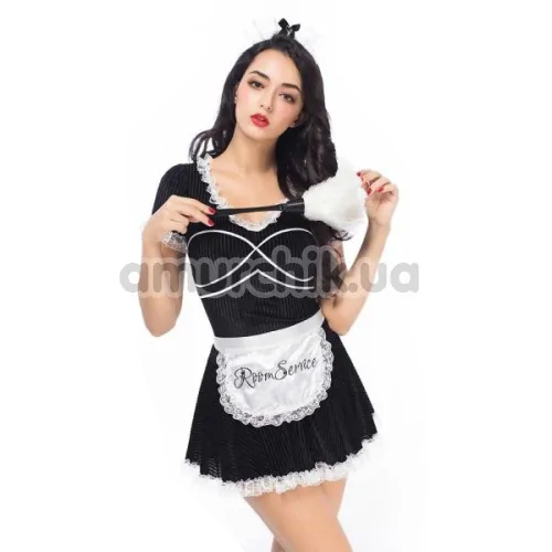 Костюм горничной JSY Nun Costume 6926 черный: платье + головной убор + трусики-стринги + фартук + метелочка