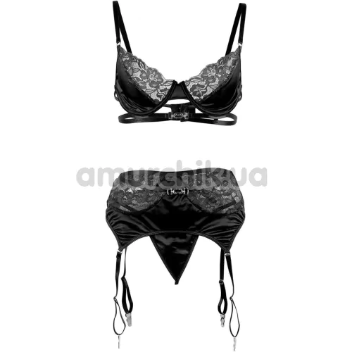 Комплект Star Night Naughty Boudoir Set, чорний: бюстгальтер + трусики-стрінги + пояс для панчіх