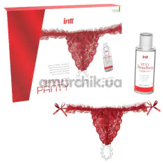 Набор Intt Brazilian Panty: красные трусики с жемчужным кольцом + оральный лубрикант Sexy Strawberry Sliding Gel - клубника, 50 мл - Фото №1