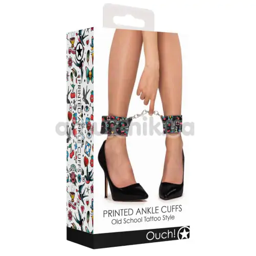 Фіксатори для ніг Ouch! Printed Ankle Cuffs Old School Tattoo Style, чорні