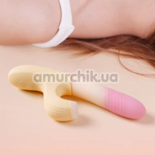 Вибратор с вакуумным стимулятором и толчками Zemalia Sweet Flame, желто-розовый