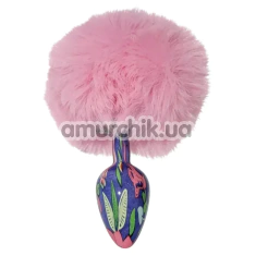 Анальная пробка с розовым хвостиком Alume Floral Metal Plug With Tail S, синяя - Фото №1