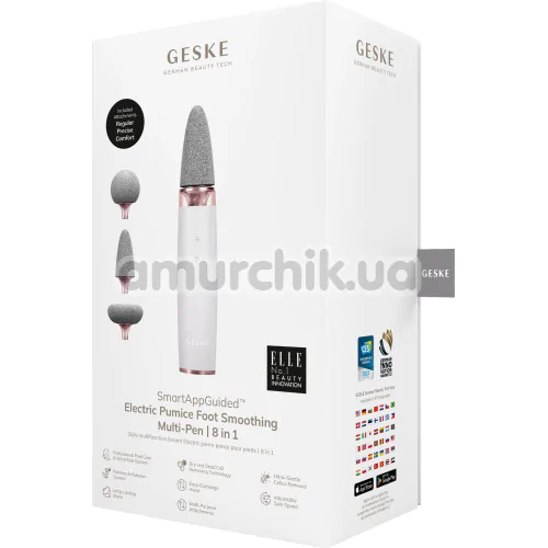 Шлифовальная пилка для стоп с насадками Geske Electric Pumice Foot Smoothing Multi-Pen 8 in 1, кремовая