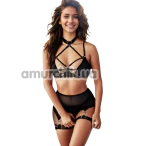 Комплект Star Night Garter Strap Set, чорний: бюстгальтер + трусики-стрінги + пояс для панчіх + гартери - Фото №1