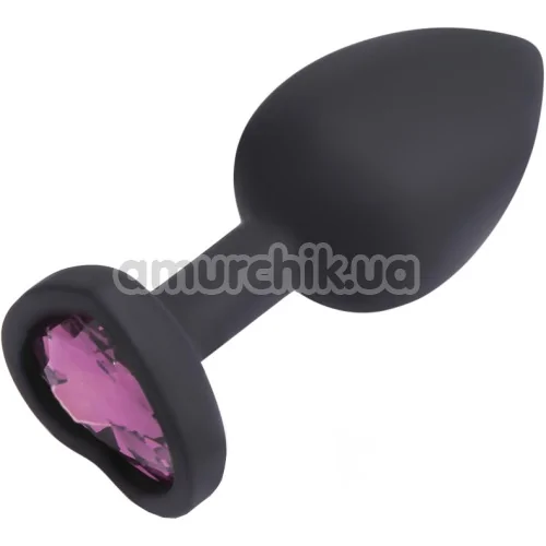 Анальная пробка со светло-розовым кристаллом Silicone Jewelled Butt Plug Heart Small, черная