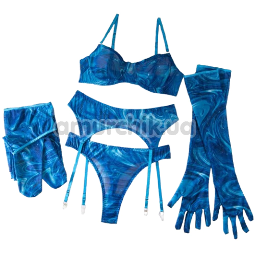 Комплект Star Night Mesh Printed Sexy Bra Set, синий: бюстгальтер + трусики-стринги + пояс для чулок + чулки + перчатки