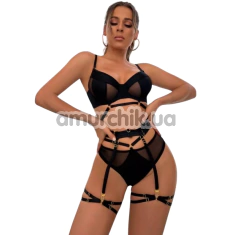 Комплект Star Night Ring & Strap Set, черный: бюстгальтер + трусики-стринги + пояс для чулок - Фото №1