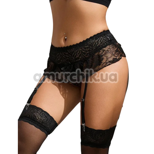 Комплект Star Night Lace Flower Set, чорний: пояс для панчіх + трусики