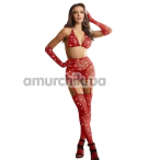 Комплект Star Night Sinful Luxe Diamond Fishnet Set, червоний: бюстгальтер + пояс для панчіх + рукавички + трусики-стрінги + панчохи - Фото №1