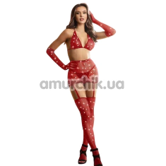 Комплект Star Night Sinful Luxe Diamond Fishnet Set, красный: бюстгальтер + пояс для чулок + перчатки + трусики-стринги + чулки - Фото №1